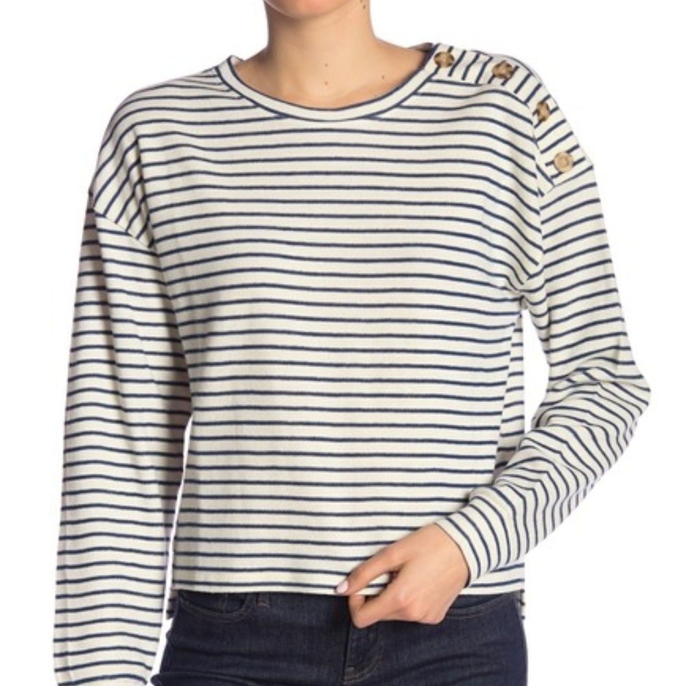 Abound Striped Shoulder Button Top Sz Small Ivory